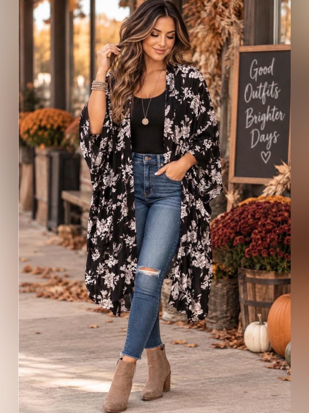 Spiritual Gangster Maya Black Floral Kimono Duster One Size
